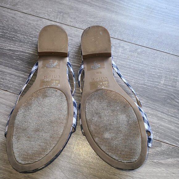Unisa Sandals Blue White Checkered Flats Bow Sz 6.5M Country Chic Slip On - Picture 2 of 6